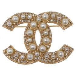 CHANEL Faux Pearl CC Brooch Pin Light Gold 59031