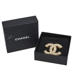 Pre Owned Chanel Gold Tone Faux Pearl CC Pin Brooch