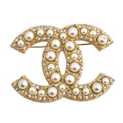 Pre Owned Chanel Gold Tone Faux Pearl CC Pin Brooch