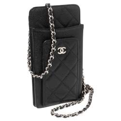 Pre Owned Chanel Black Quilted Caviar Leather Phone Holder Crossbody Bag