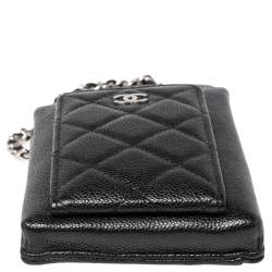 Pre Owned Chanel Black Quilted Caviar Leather Phone Holder Crossbody Bag