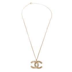 Chanel Gold Tone Baguette Crystal & Quilt Patterned CC Pendant