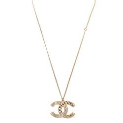 Chanel Gold Tone Baguette Crystal & Quilt Patterned CC Pendant Necklace  Chanel