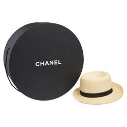 Pre Owned Chanel Beige Straw CC Fedora Hat M