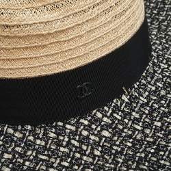 Pre Owned Chanel Beige Straw & Tweed Fedora Hat M