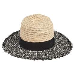 Pre Owned Chanel Beige Straw & Tweed Fedora Hat M