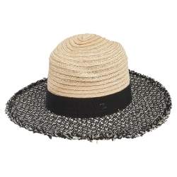Pre Owned Chanel Beige Straw & Tweed Fedora Hat M