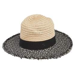 Chanel Beige Straw & Tweed Fedora Hat M Chanel