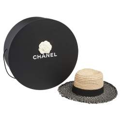Pre Owned Chanel Beige Straw & Tweed Fedora Hat M