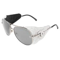 مملوكة مسبقًا Chanel Black/White Quilted Leather and Silver Tone Metal 4192 CC Aviator Sunglasses
