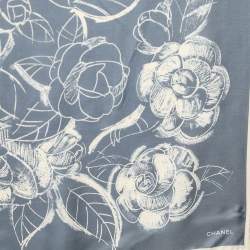Pre Owned Chanel Blue Camellia Print Silk Square Scarf