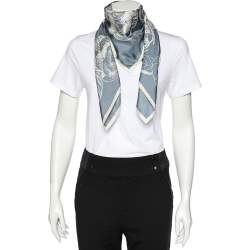 Pre Owned Chanel Blue Camellia Print Silk Square Scarf