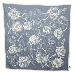 Pre Owned Chanel Blue Camellia Print Silk Square Scarf