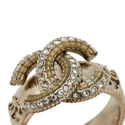 Chanel Silver Tone Crystal CC Ring Size EU 52