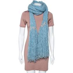 مملوكة مسبقًا وشاح شانيل صوف موهير مزين مزخرف أزرق فاتح بشراشيب 