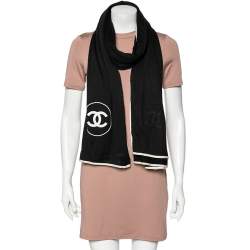 Chanel Black Logo Embroidered Cashmere & Silk Scarf Chanel