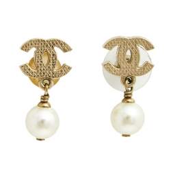 Chanel Gold Tone Quilt CC Pearl Drop Earrings Chanel