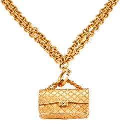 Chanel Vintage Gold Tone Chain Flap Bag Pendant Necklace Chanel
