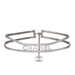 Chanel Silver Tone Crystal Logo Chain Belt Chanel