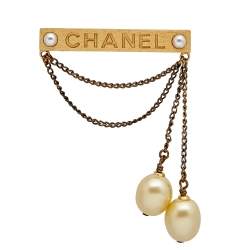 Chanel Gold Tone Pearl Logo Chain Pin Brooch Chanel