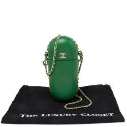 Pre Owned Chanel Green Leather CC Glasses Case with Chain