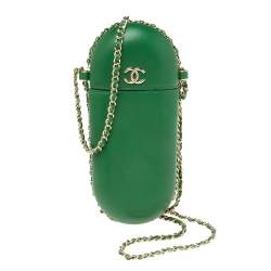 Chanel Green Leather CC Glasses Case with Chain Chanel