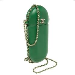 Pre Owned Chanel Green Leather CC Glasses Case with Chain