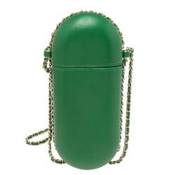 Pre Owned Chanel Green Leather CC Glasses Case with Chain