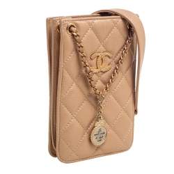 Pre Owned Chanel Metallic Beige Quilted Leather Crossbody Phone Holder