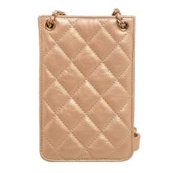 Pre Owned Chanel Metallic Beige Quilted Leather Crossbody Phone Holder