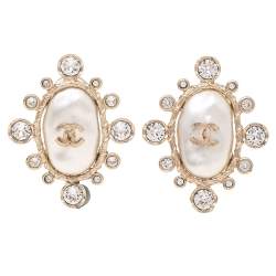 Chanel Goldtone Metal CC Turnlock Pearl Clip On Earrings - Yoogi's Closet