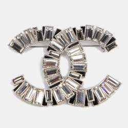 Chanel Silver Tone Baguette Crystal CC Pin Brooch Chanel