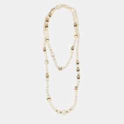 Chanel CC Charm Faux Pearl Crystal Gold Tone Beaded Long Necklace