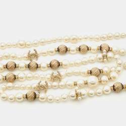 Chanel CC Charm Faux Pearl Crystal Gold Tone Beaded Long Necklace