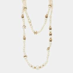 Chanel CC Charm Faux Pearl Crystal Gold Tone Beaded Long Necklace