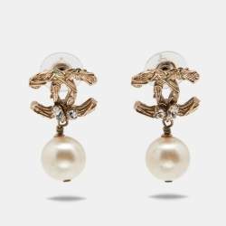 Chanel CC Crystals Faux Pearls Gold Tone Metal Earrings Chanel
