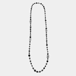 Pre Owned Chanel CC Faux Pearl Glass Beads Gunmetal Tone Long Necklace