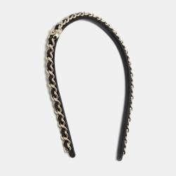 Pre Owned Chanel Black Leather Turnlock Chain Link Headband