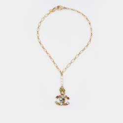 مملوكة مسبقًا Chanel Gold Tone Multicolor Crystal Embedded CC Charm Necklace