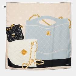 Chanel Pale Pink & Blue CC Bag Print Silk Scarf
