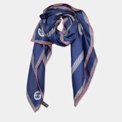Chanel Navy Blue CC Logo Print Silk Scarf