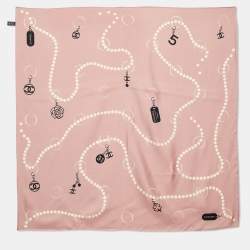 Pre Owned Chanel Pink Bead CC Charms Print Silk Scarf