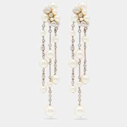 Pre Owned Chanel Silver Tone Cluster Faux Pearl Dangle Clip On Earrings
