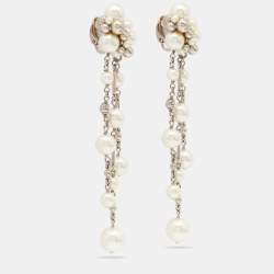 Pre Owned Chanel Silver Tone Cluster Faux Pearl Dangle Clip On Earrings