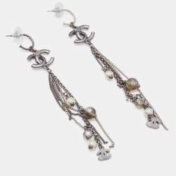 Pre Owned Chanel Gunmetal Tone Crystal CC Faux Pearl & Bead Chain Dangle Earrings 