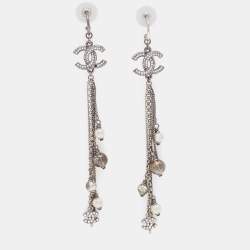 Pre Owned Chanel Gunmetal Tone Crystal CC Faux Pearl & Bead Chain Dangle Earrings 