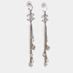 Pre Owned Chanel Gunmetal Tone Crystal CC Faux Pearl & Bead Chain Dangle Earrings 