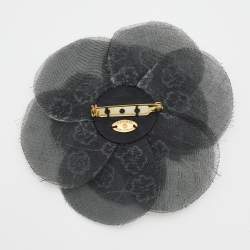 Pre Owned Chanel Monochrome Printed Silk Camellia Pin Brooch