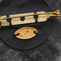 Pre Owned Chanel Monochrome Printed Silk Camellia Pin Brooch