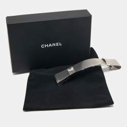 Chanel CC Textured Double Bow Silver Tone Barrette